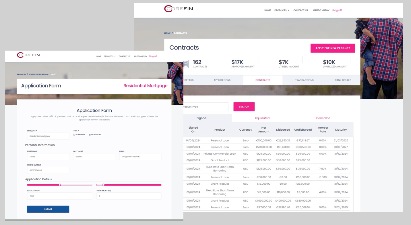 COREFIN borrower self-service portal: contract totals and a contracts table with disbursed, undisbursed, interest rate and maturity