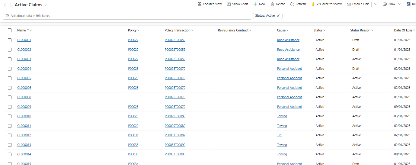 COREFIN Insurance active claims list with policy, policy transaction, cause, status and date of loss