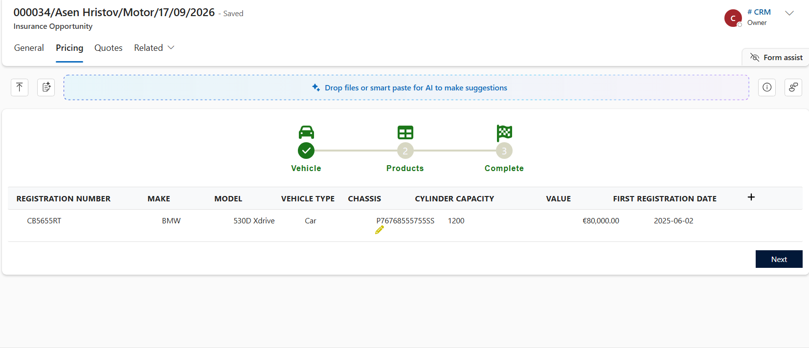 COREFIN Insurance pricing wizard: insured vehicle details including registration, make, model, chassis and value